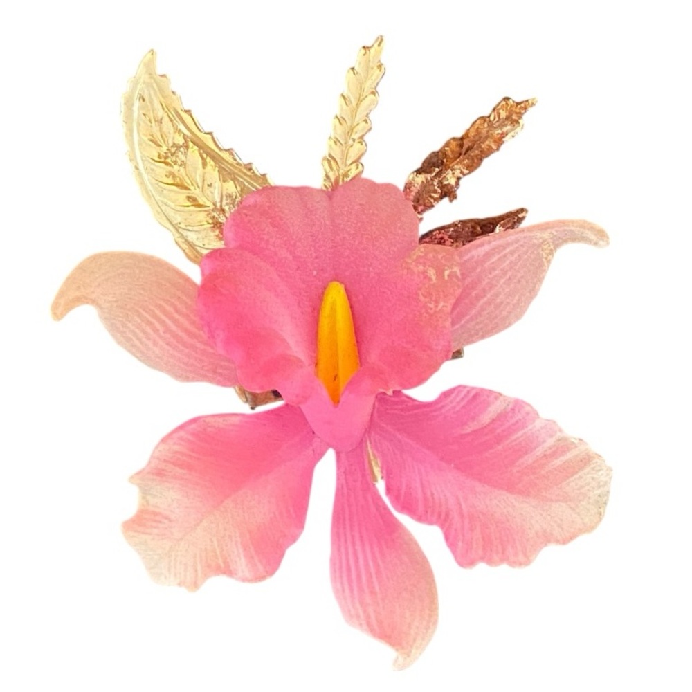 Vintage Pink Orchid Brooch Pin Gold Tone Floral Statement Botanical